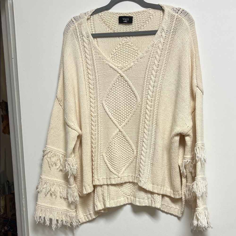 Vici Cream V-Neck Cable Knit Cotton Blend Sweater with Fringe Large